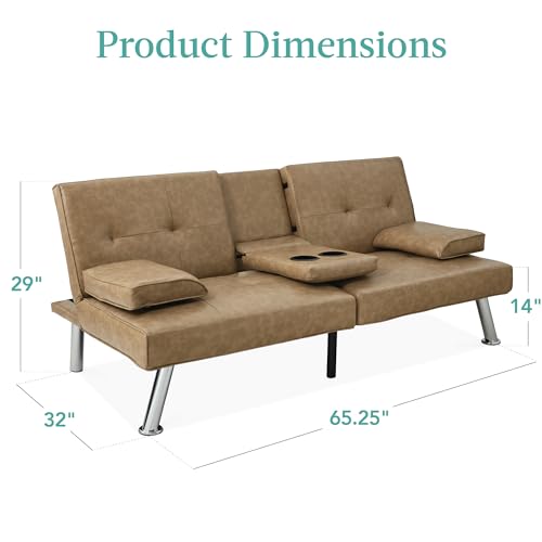 Best Choice Products Faux Leather Upholstered Modern Convertible Futon, Adjustable Folding Sofa Bed, Guest Bed w/Removable Armrests - Taupe Best Choice Products