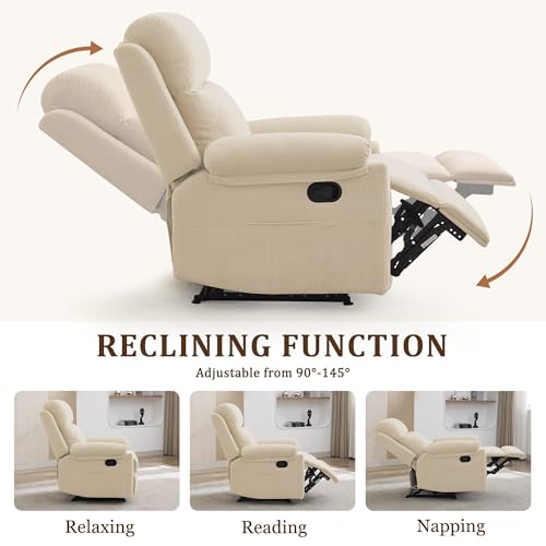 Korser Recliner Chair, Manual Recliner for Adults with Side Pocket, Small Recliners for Small Spaces, Adjustable Comfy Overstuffed Corduroy Reclining Chairs for Living Room, Reading, Bedroom, Beige