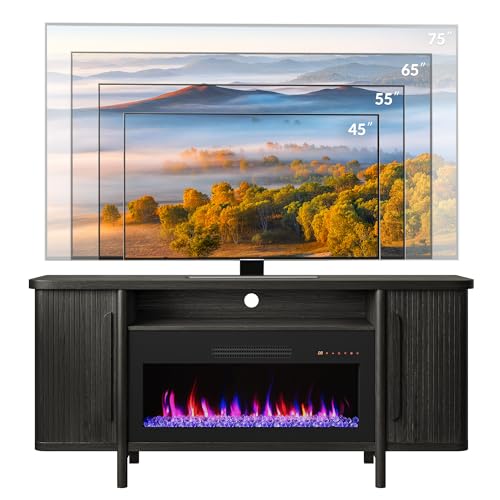 BELLEZE 66" TV Stand with 36" Electric Fireplace, Wood Console Table for TVs up to 75 Inches, Entertainment Center with Storage Cabinets for Living Room, Bedroom - Portman (Espresso Black) BELLEZE