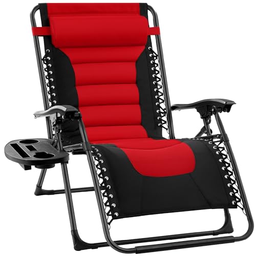 Best Choice Products Oversized Padded Zero Gravity Chair, Folding Outdoor Patio Recliner, XL Anti Gravity Lounger for Backyard w/Headrest, Cup Holder, Side Tray, Polyester Mesh - Red