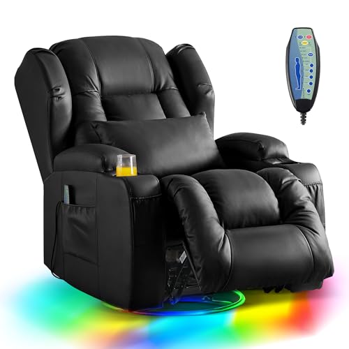 DRMBOOK Dual Motor Power Swivel Rocker Recliner Chairs, Electric Wall Hugger Reclining Sofa with Massage & Heat, Modern Theater Seating with LED/USB/Type-C Ports (Leather Black, Single Chair)
