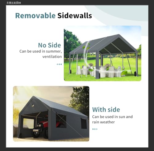 10x16FT Heavy Duty Carport Canopy,Extra Large Portable Car Tent Garage with Roll-up Windows and All-Season Tarp Cover,Removable Roof&Side Wall for Car, SUV,Boats&Truck Shelter Logic Storage Sannwsg