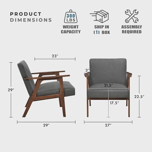 Lexicon Mid Century Modern Accent Chair, Upholstered Lounge Armchair, Single Sofa Seat, Brown Finish Solid Wood Framed Comfy Side Chairs for Living Room/Bedroom/Office/Waiting Area, Dark Gray Lexicon
