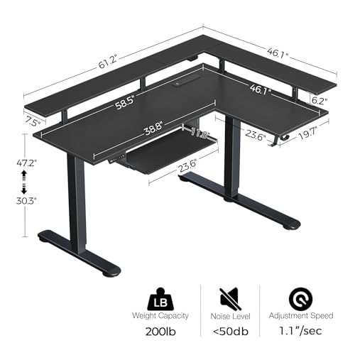 Rolanstar L Shaped Standing Desk with Keyboard Tray, Height Adjustable Corner Desk with LED Light & Power Outlet, Electric Sit Stand Computer Desk with Monitor Stand, Black Rolanstar