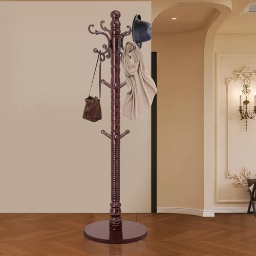 LOZABEE Wood Coat Rack Stand, Vintage Wooden Coat Rack Freestanding with Sturdy Round Base,Classic Coat Racks with 14 Hooks, Natural Birch Wood Standing Coat for Entryway (Vintage Round chassis) LOZABEE