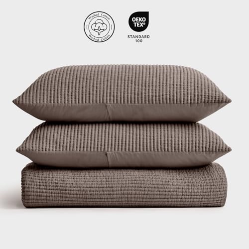EVERGRACEHOME Cotton Coverlet Set Full Queen Size 3 Pieces, Lightweight Soft Ribbed Matelassé Bedspread Quilt Set, Cozy Oversized Quilted Bedding Set with 2 Pillow Shams for All Seasons, Mocha Brown EVERGRACEHOME