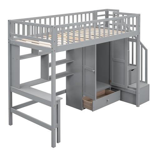 Twin Loft Bed with Storage, Desk, and Wardrobe by Harper & Bright Designs - Grey Solid Wood Frame Harper & Bright Designs