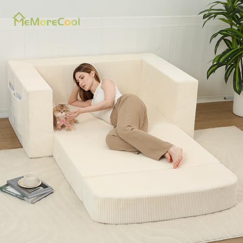 MeMoreCool Convertible Sofa Bed – Small Beige Corduroy Loveseat Sleeper, Boneless Fold-Out Cloud Couch with Foam, Trifold Floor Futon with Washable Cover for Bedroom, Apartment, Guest Room MeMoreCool