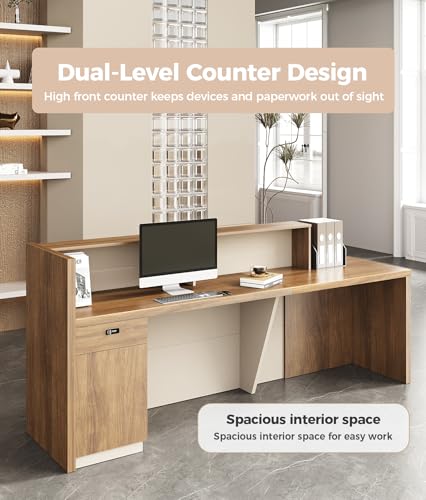 Anzhap 94" L-Shaped Reception Desk with Counter โ Front Desk Reception Counter with Lockable Drawer, Storage Cabinet & Double Countertop for Office, Lobby, Checkout (Oak & Cream White) Anzhap