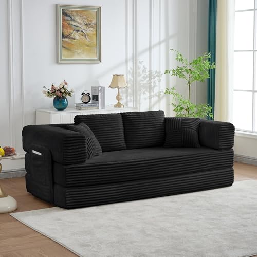79.5" Folding Convertible Sofa Bed with Side Storage Pockets, 4-in-1 Corduroy Boneless Couch, No Assembly Loveseat Sleeper, Floor Sofa Daybed Futon Couch for Living Room Bedroom Lounge, Black Upgraded Asucoora