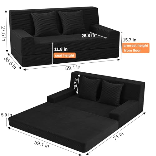 MeMoreCool Boneless Folding Sofa Bed Queen – Corduroy Convertible Futon Couch, 2-in-1 Floor Sleeper with Foam Support, Detachable Pillow & Washable Cover for Living Room, Guest Room, Apartment MeMoreCool