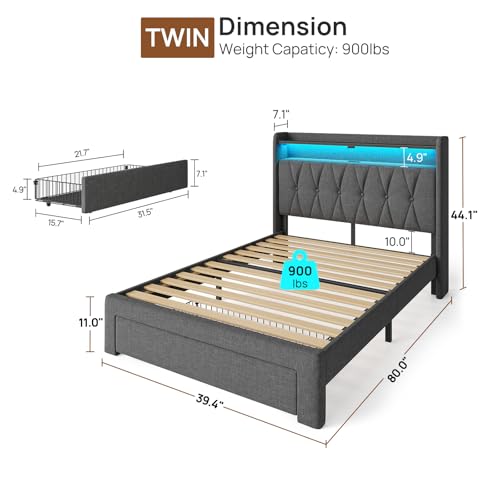 Rolanstar Twin Bed Frame with Drawer, Storage Headboard with Charging Station and LED Lights, Upholstered Bed with Heavy Duty Wood Slats, No Box Spring Needed, Noise Free, Easy Assembly, Dark Grey Rolanstar