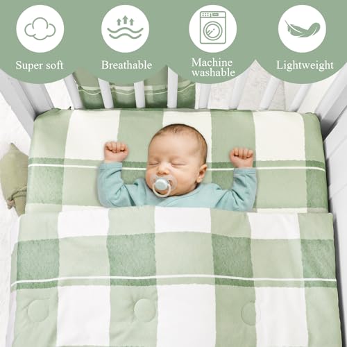 HNHUAMING 4-Piece Crib Bedding Set for Girls Boys, Baby Crib Bedding Set for Newborn & Infant, Neutral Nursery Bed Set Includes Comforter, Fitted Sheet, Crib Skirt, and Diaper Stacker, Green Checkered HNHUAMING