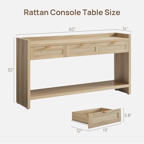 SICOTAS Rattan Console Table for Entryway - Large Boho TV Console Table Entry Table with 3 Storage Drawers, 60" Long Sofa Table Behind Couch for Living Room, Hallway, Foyer SICOTAS