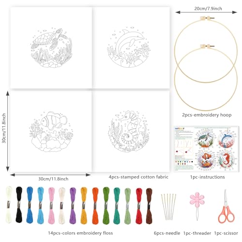 INFUNLY 4 Sets Whale Embroidery Kits for Beginners DIY Cross Stitch Starter Kits with Turtles Seahorses Patterns Fish Sea Animals Embroidery Kits with Instructions Embroidery Cloth Hoops Threads Tools