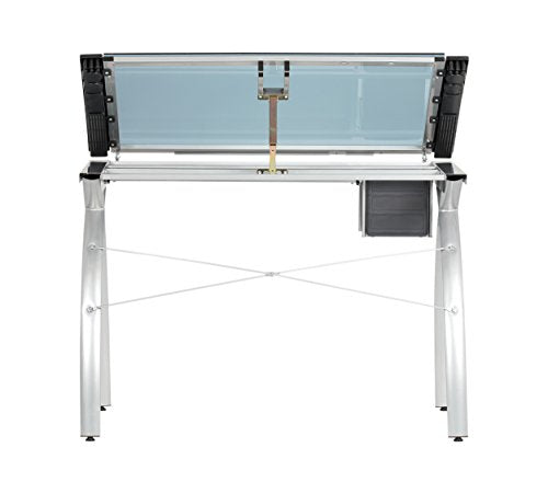 SD STUDIO DESIGNS Futura Crafting, Drafting, Drawing Adjustable Top Hobby Table Writing Studio Art Desk with Drawers, 38''W x 24''D, Tempered, Silver/Blue Glass SD STUDIO DESIGNS