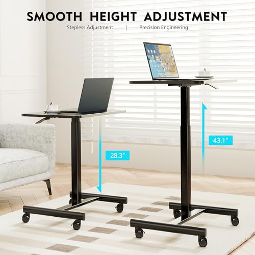 BONTEC Mobile Standing Desk Adjustable Height, Rolling Laptop Cart with Hook, Portable Workstation with Pneumatic Lift, Ergonomic Table with Wheels, Compact Home Office Desk, Black, 25.6" x 18.9" BONTEC