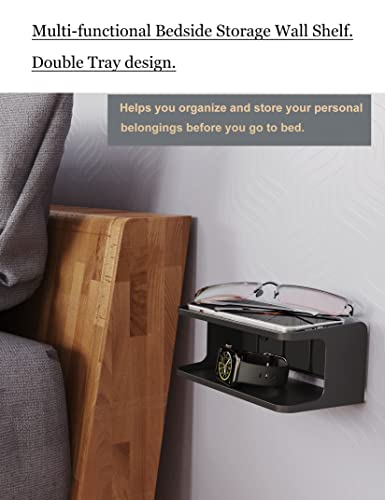 NOTMBESTM Bedside Wall Shelf Organizer Small Bedside Shelf Wall Mount for Bed Universal Stick on Wall Shelf Double Tray Holder for Storing Cellphone, Glasses, Keys, Camera, Alarm Clock (Black) NOTMBESTM