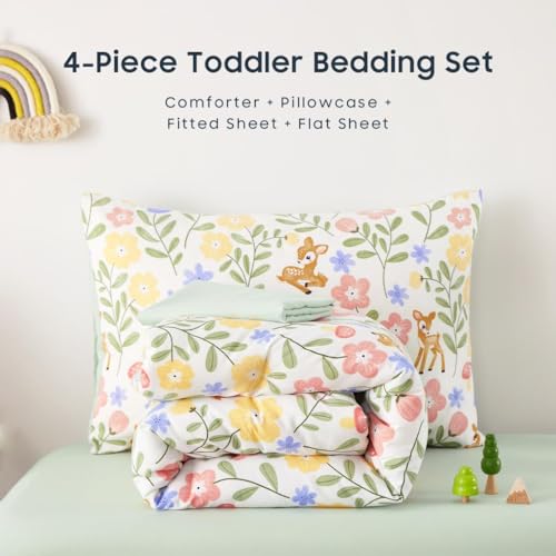 Wake In Cloud - Floral Toddler Bedding Set for Girls, Cute Colorful Botanical Flowers with Deers, 4 Pieces Soft Crib Bed Set Including Comforter, Sheets and Pillowcase, Green Cream Wake In Cloud