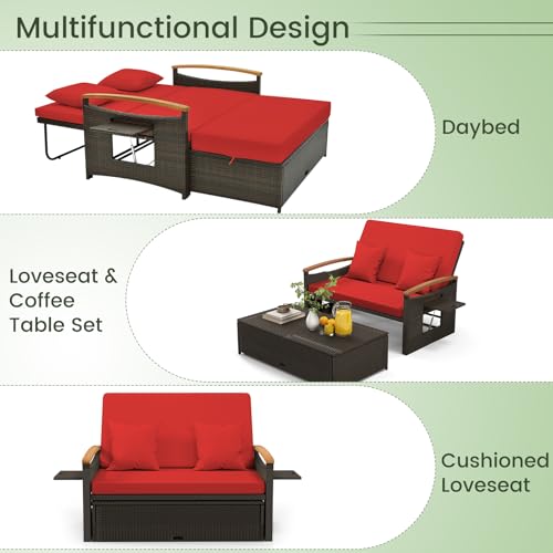 Tangkula Patio Rattan Daybed with 4-Level Adjustable Backrest, Outdoor Wicker Loveseat with Acacia Wood Armrest, Storage Ottoman & Folding Tray, Double Sunbed for Balcony, Backyard & Poolside, Red Tangkula
