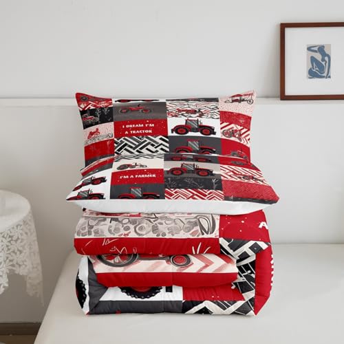 Erosebridal Kids Tractor Comforter Set for Boys Girls Red Cartoon Tractor Bedding Set Twin Farm Vehicle Truck Down Comforter Equipment Construction Duvet Insert Rustic Geometric Plaid Room Decor Erosebridal