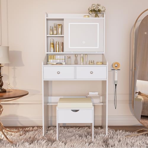 Viaozutis Vanity, Small Vanity Desk with Sliding Mirror, Dimmable LED Lights, 2 Drawers,Vanity Table Ideal for Bedroom (White) Viaozutis