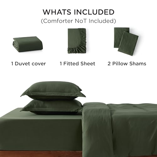 Bedsure Duvet Cover Queen Size with Fitted Sheet - 4 Pieces Prewashed Cotton-Like Extra Soft Bedding Set, Includes 1 Duvet Cover 90x90 Inches, 2 Pillow Shams, 1 Fitted Sheet, Olive Green Bedsure