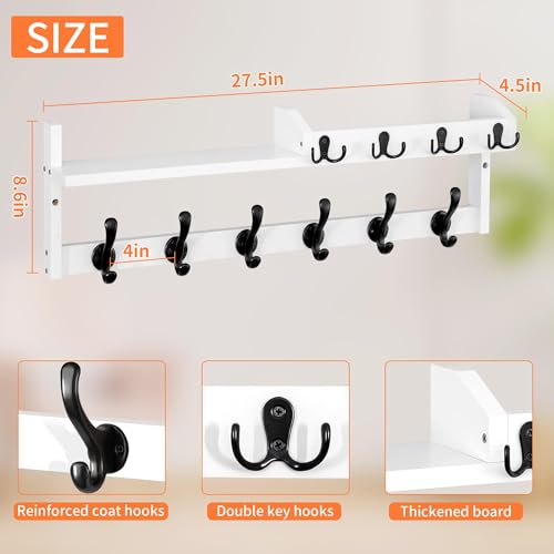 Coat Rack Wall Mount with Shelf, 27.5" Entryway Wall Hanging Shelf, Coat and Key Hanger with 10 Dual Hooks, Mail Organizer and Key Holder Hat Rack for Wall, Wood Coat Hooks with Storage GODDGITT