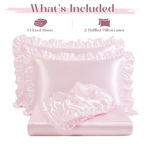 Homiest 3-Pieces Ruffle Pillow Case & Satin Fitted Sheet Set, Blush Pink Full Satin Sheets with 2 Ruffled Pillow Shams, 15 Inch Deep Pocket, Cute & Coquette Silk-Like Bed Set for Decorating Bedroom Homiest