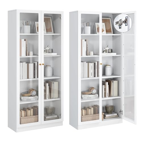 IRONMIX Modern Bookshelf with Doors and Shelves, 70.87" H Metal Bookshelf, Tall Bookcase, 5-Tier Curio Cabinet for Collectibles, White Storage Cabinet Display Case for Home Office, Living Room, School IRONMIX