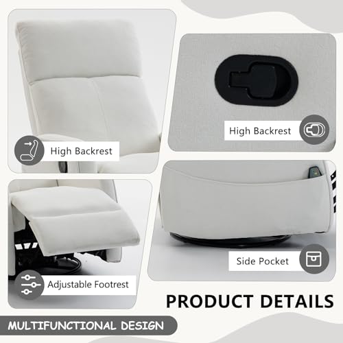 HRVEOCEI Small Recliners for Small Spaces, Manual White Recliner Rocking Chair for Nursery, Velvet Swivel Glider Recliner with Heat and Massage, Side Pockets, Living Room Bedroom (Light White)