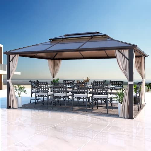 EROMMY 12' x 16' Gazebo Polycarbonate Double Roof Canopy Outdoor Aluminum Frame Pergola, Permanent Pavilion with Netting and Curtains for Garden Patio Lawns Parties EROMMY