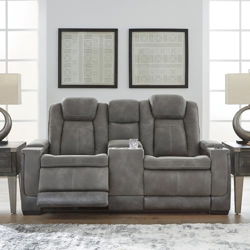 Signature Design by Ashley Next-Gen DuraPella Modern Faux Leather Power Reclining Loveseat with Console & Adjustable Headrest, Gray Signature Design by Ashley