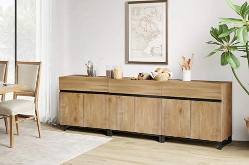 WAMPAT 3 in 1 Multifunctional Sideboard Buffet Cabinets, Modern Sideboard with Adjustable Shelf and Metal Base, Coffee Bar Cabinet Storage Cabinet for Living Room, Kitchen,Oak WAMPAT