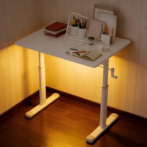 Luxebough Adjustable Study Desk, Height Adjustable Standing Desk with Manual Crank, 23" Wide Small Computer Table, Sit Stand Table, White Frame, 24-35 Lifting Range (White,32.68" L × 23.62" W) Luxebough