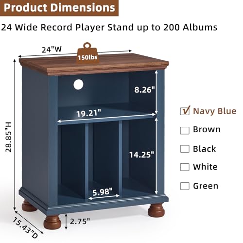 Joaxswe Record Player Stand with Vinyl Record Storage, 24" Wide Mid-Century Record Player Table Up to 200 Albums,Large Wood Turntable Stand Cabinet Dispaly Shelf for Living Room,Bedroom,Blue Joaxswe