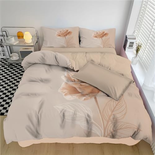 WIVCOMD Hand-Drawn Minimalist King Reversible Duvet Cover Sets Rice Pink Bedding Set, Single Rose Printed Duvet Cover with Pillowcases Zip Closure Perfect for Hot Sleeper WIVCOMD