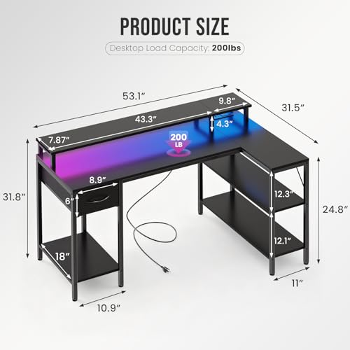 DUMOS 53” Gaming Desk with USB Charging Ports & LED Lights, Reversible L Shaped Desks Computer Corner Gamer Table with Power Outlets Monitor Stand Storage Shelves for Home Office Small Space, Black DUMOS