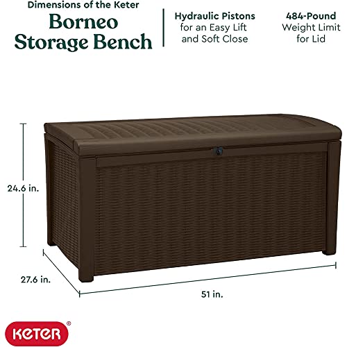 Keter Borneo 110 Gallon Resin Backyard Deck Box, Lockable Patio Storage Bench and Outdoor Poolside Accessory Organizer, Brown Keter