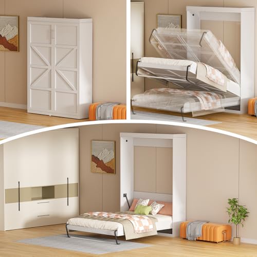 ROOMTEC Queen Size Murphy Bed with Smooth Pneumatic Lift, Space-Saving Wall Bed with Modern Cabinet Design, Easy Installation, Ideal for Guest Rooms, Home Offices, Fits 60"x80" Mattress ROOMTEC
