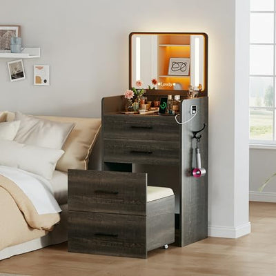 Lvifur 3 in 1 Vanity Desk with Flip Top Mirror and Lights,Glass Top Compact Vanity with 3Drawers &Rolling Stool, Modern Small Makeup Vanity Table w/Charging Station,Bedroom,Rustic Oak