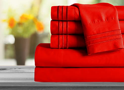 Mocassi Queen Sheet Set - Luxury Hotel 1800 Premier Bedding Sheets & Pillowcases - Ultra Soft Breathable & Cooling Bed Sheets - Deep Pocket - Wrinkle Resistant - 6 Piece Set - Queen, Red Mocassi