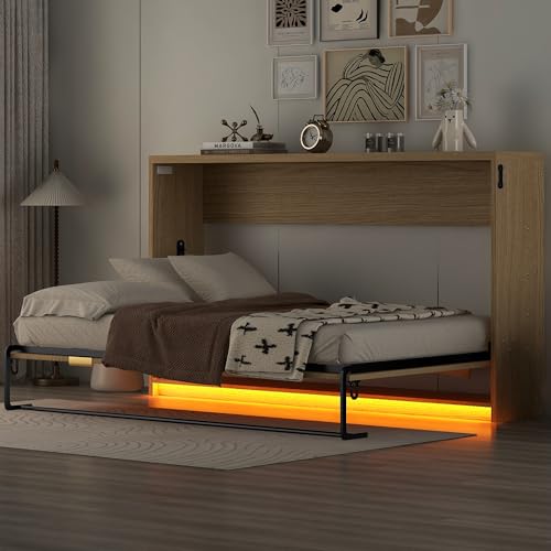 Pasirou Twin XL Size Horizontal Murphy Bed with Storage Shelf, Hideaway Wall Bed with Led Lights, can be Folded into Cabinet, Folding Murphy Bed Space-Saving for Guest Room, Natural Pasirou