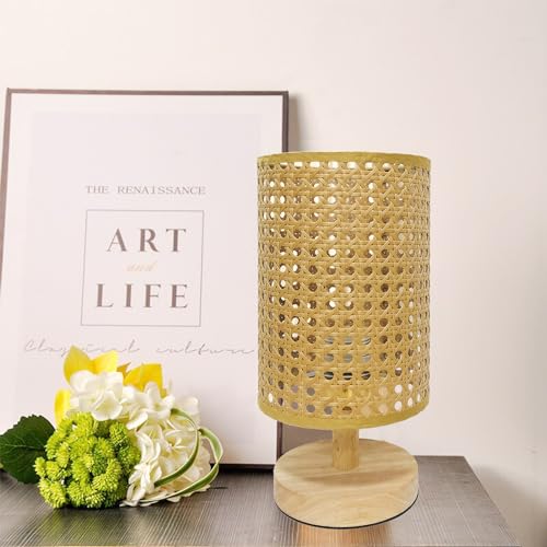 AFORTLO Table Desk Lamp,Small Rattan Hollow-Out Bamboo Boho Decorative Nightstand Night Light Solid Wood Base Lamp for Bedroom,Living Room,End Table or Office with Bulb(Rattan Hollow-Out) AFORTLO
