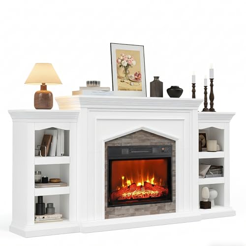 LGHM 80" Fireplace TV Stand for TVs Up to 90 Inch, Electric Fireplace with Mantel, Modern Entertainment Center with Storage, Realistic Stacked Stone Surround and 3D Flame Effect for Living Room LGHM