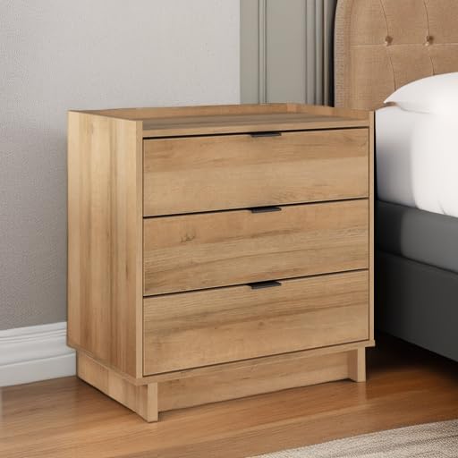Prepac Simply Modern Nightstand Bedside Table, Natural Oak Nightstand for Bedroom, End Table with 3 Drawers 26.5" W x 26.75" H x 16" D Prepac