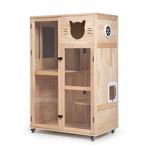 Nyeekoy Large Wooden Cat House on Wheels, Indoor Cat Villa with Condo, Multi Platforms, Scratchers, Vent, Litter Box Area, Clear Doors, Cat Cage Enclosure for Kittens & Adult Cats (Natural Wood) Nyeekoy