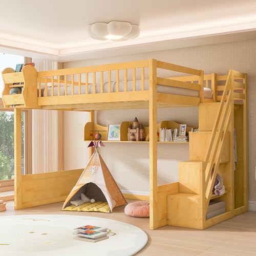 Queen Size Wooden Loft Bed with Storage Stairs, Solid Wood Loft Beds Adults with Storage Shelves and Wardrobe, Under-bed Space, for Teens Kids, No Box Spring Needed, No Noise, Natural Harper & Bright Designs