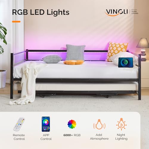 VINGLI Metal Twin Daybed with Pop Up Trundle Bed, Day Bed Frame with Charging Station and LED Lights for Living Room Guest Room or Bedroom, Black Daybed with Steel Slats for Adults, Teens and Kids VINGLI