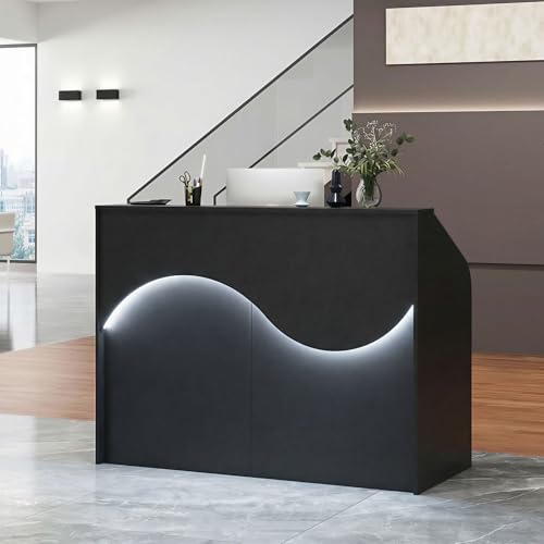 Reception Desk with Counter, Modern Front Desk Reception Room Table with LED Lights, Retail Checkout Counter with Lockable Drawers & Power Outlets for Lobby, Salon, Home Office Desk, Black